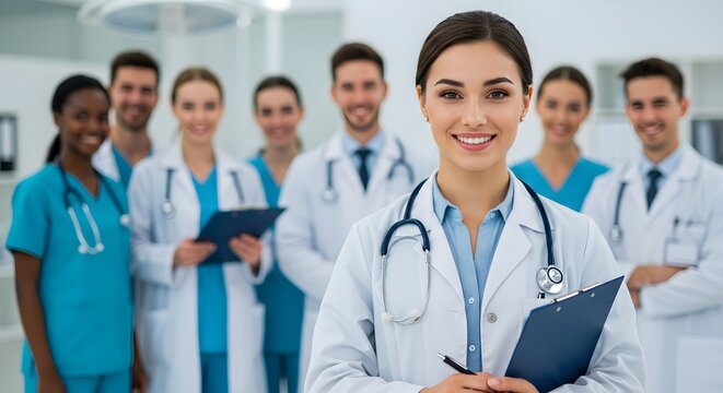 Confident Doctor Standing with Medical Team in Hospital Setting