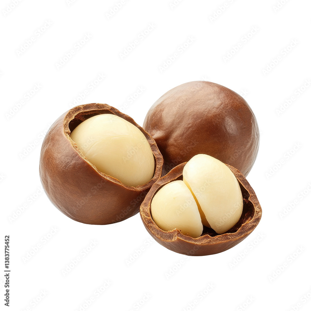 Poster fresh macadamia nuts displayed on a white background showing inner nut and shell detail, fresh macad