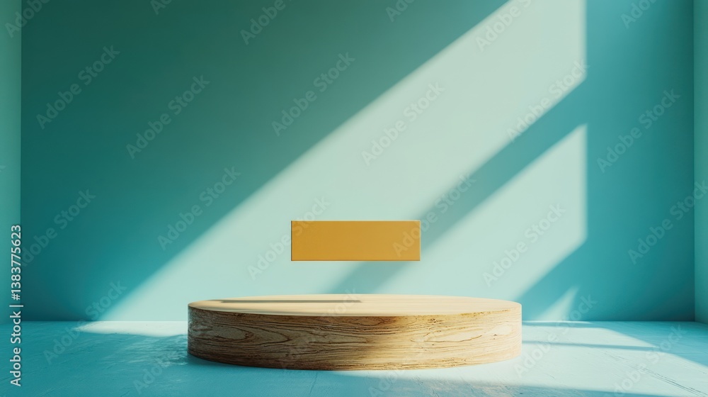 Poster minimalist presentation platform with wood texture and golden accent floating element