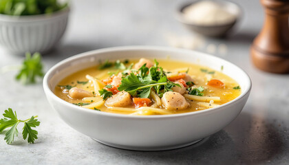 Delicious chicken soup served in white bowl, comfort food enjoyment
