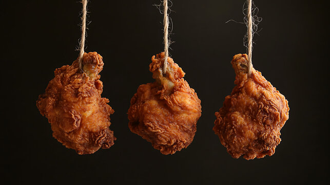 Three pieces of fried chicken hanging from twine against a dark background studio shot