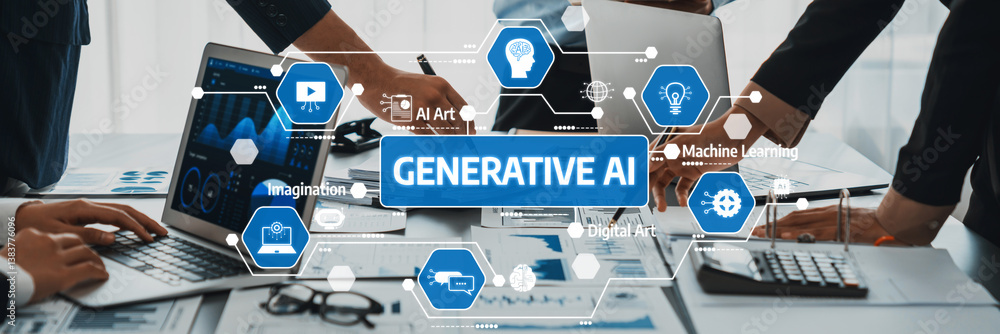 Poster professionals collaborating on generative ai concepts, showcasing creativity and modern technology i