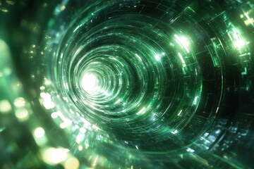 Obraz premium Spiral of glowing green light in a digital tunnel evoking a sense of depth and motion