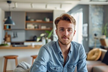 Fototapeta premium Portrait of a young Caucasian man in a modern home
