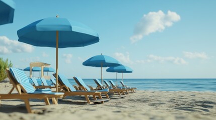 Inviting seaside scene featuring beach loungers under blue umbrellas on a serene day