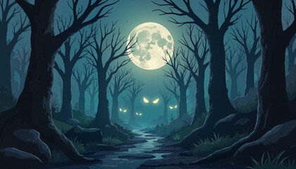Eerie full moon illuminating creepy forest path, Halloween mystery