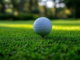 Obraz premium Golf ball on tee, nestled in lush green grass, ready for a swing, promising a day of sport, nature, and focus on the course in a beautiful blurred background.