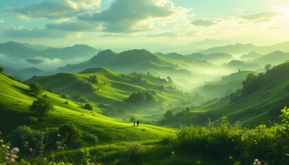 Obraz premium Two People Walking In Lush Green Hills With Misty Mountain Backdrop At Sunrise