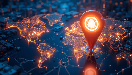 Futuristic Geolocation Map with AI Technology and Glowing Pin for Business Logistics


