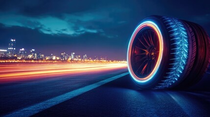 Futuristic car tires illuminated with vibrant colors on a road