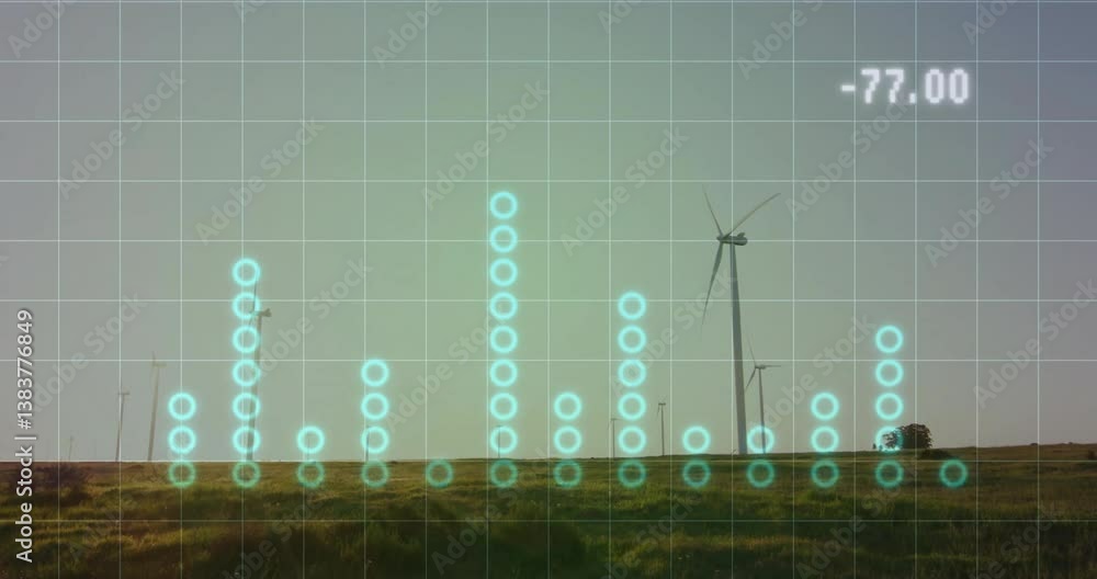 Poster digital data animation overlay on wind turbines in field generating energy