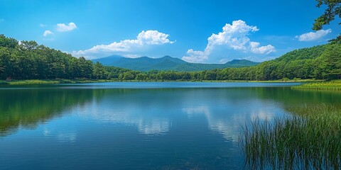 Fototapeta premium Tranquil Lake with Blue Sky and Reflection of Mountains and Clouds