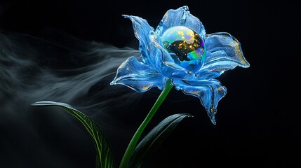 Futuristic blue glass flower with globe center on dark background