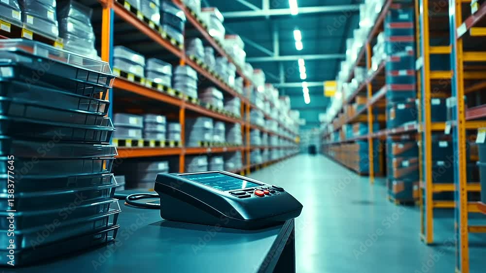 Aufkleber inside a high-tech logistics warehouse, a barcode scanner and an advanced tracking device are in sha