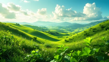 Obraz premium Lush Green Rolling Hills Landscape Under A Bright Sunny Sky With Fluffy Clouds