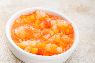 Fruits in syrup organic fruit berries sweet dessert tasty fresh  gourmet food background on the table rustic food top view copy space