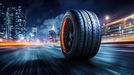 A glowing tire rolling on a futuristic city highway at night