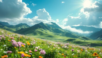 Mountain Meadow With Wildflowers Under A Bright Sun And Cloudy Sky