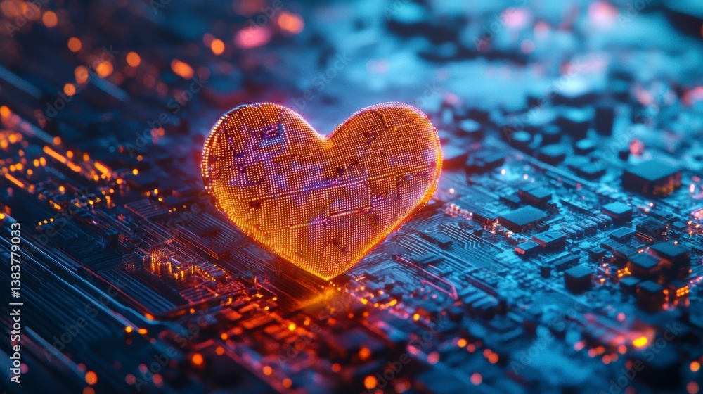 Poster Glowing heart shaped object on a circuit board.