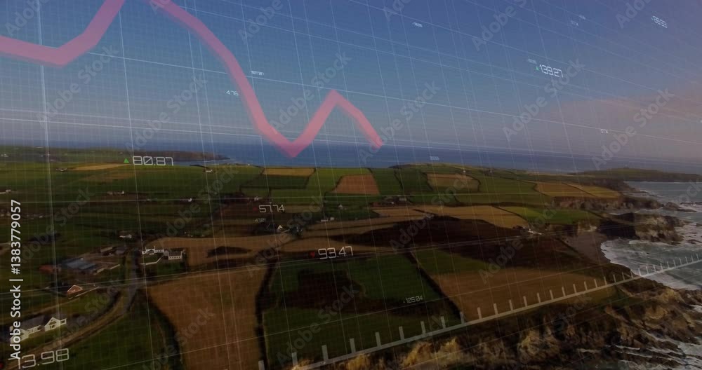 Aufkleber animation of red financial graph line over rural landscape with fields in view