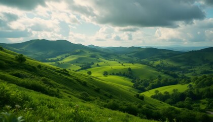 Obraz premium Rolling Green Hills Landscape With Cloudy Sky And Lush Grasslands Creating Serene Countryside Ambiance