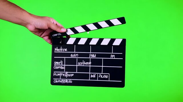 Film Clapboard in Hand: A hand holds a classic film clapboard against a vibrant green screen background, ready to capture the start of a new cinematic journey.