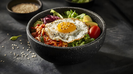 Delicious Bibimbap Bowl with Fried Egg and Fresh Vegetables. Healthy and flavorful meal option presented in a stylish setting.