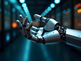 Photograph of a metallic robotic hand, designed to mimic the appearance and functionality of a human hand. 