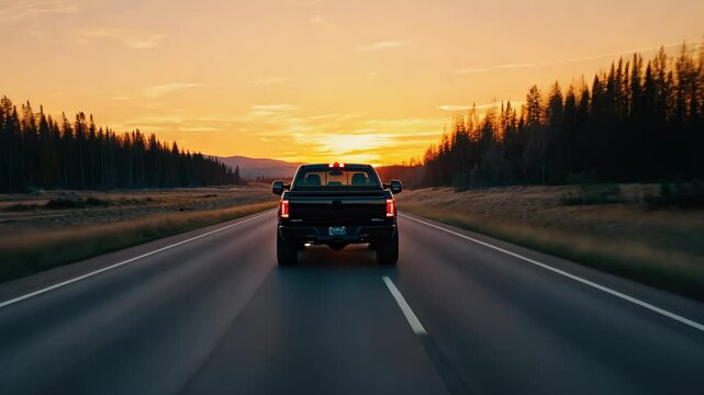 A black pickup truck drives on an empty highway at sunset, surrounded by pine forests and glowing sky. The peaceful atmosphere suggests freedom and adventure.