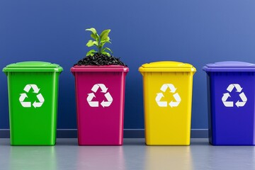 Colorful Recycling Bins and Growing Plant Against Blue Wall