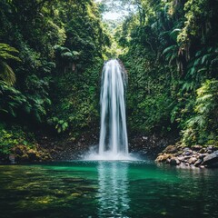 Serene Waterfall in Lush Jungle Surrounded by Tropical Vegetation