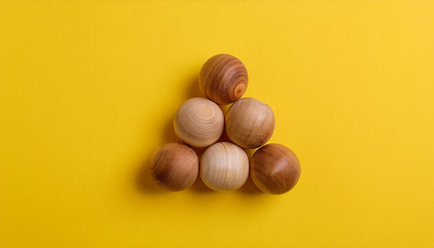 Wooden spheres arranged in triangular. Wood balls in pyramid shape on yellow background