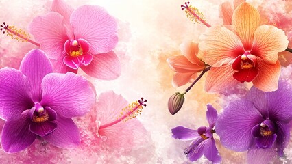 Vibrant display of orchids in various colors against a soft, dreamy background