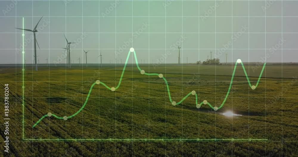 Poster in animation, wind turbines spinning in green field with fluctuating graph overlay