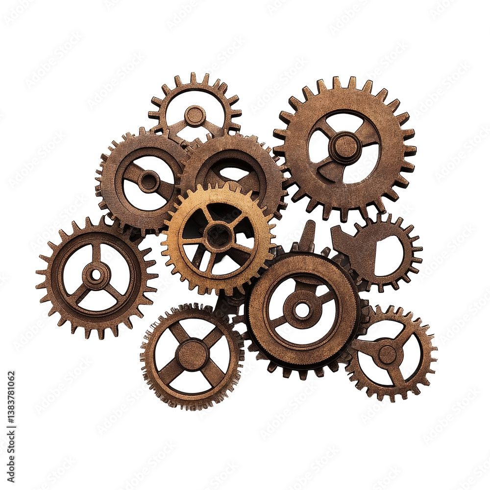 Poster assorted gears in various sizes and shapes arranged on a white background for mechanical design, gea