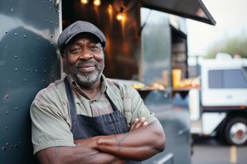 Portrait of a middle aged african american male food truck owner standing in front of his truck