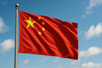 Chinese flag waving in the wind against blue sky