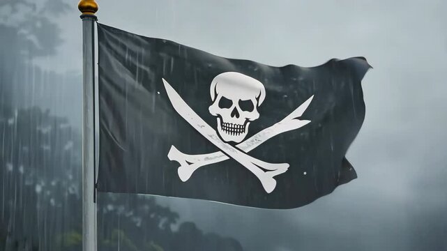 Pirate Flag in the Storm: A menacing pirate flag bearing the iconic skull and crossbones emblem flutters defiantly in a stormy, overcast sky, evoking a sense of adventure and danger.
