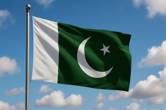 Pakistani flag waving in the wind on a sunny day