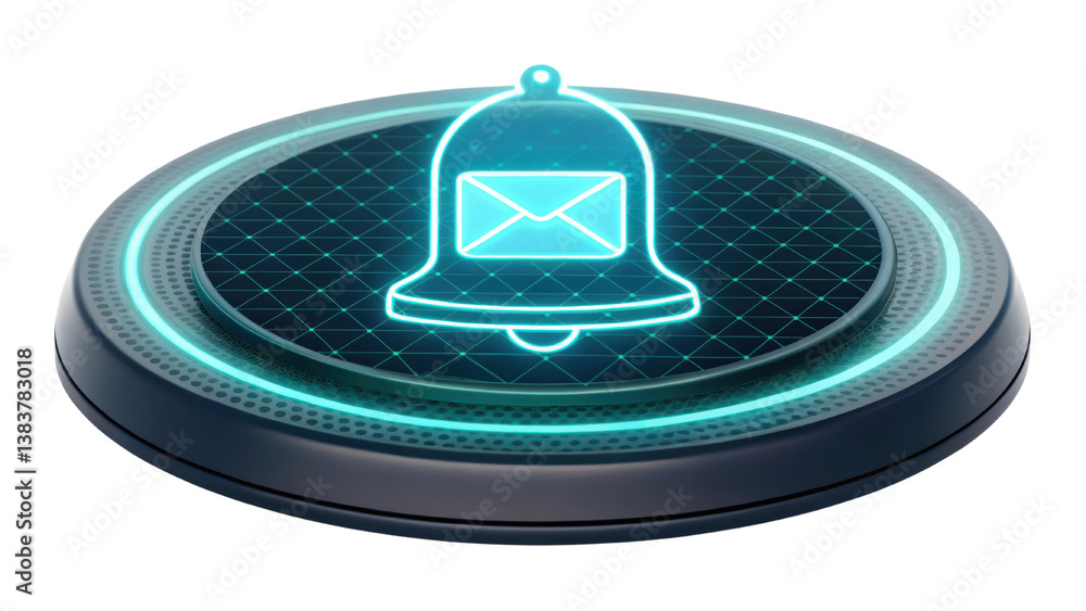 Poster digital notification bell icon on a circular base, glowing with a futuristic design against a dark b