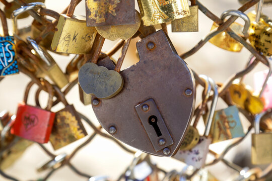 Paris, France. Europe    Love locks on a fence at Sacre Cour.