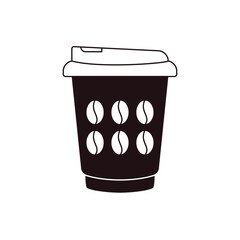 Takeaway coffee cup. Disposable coffee paper cardboard mug with lid for hot drinks, takeout package for cafe coffee beverage monochrome doodle style. Vector illustration