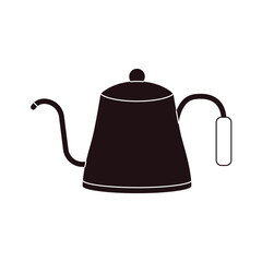 Pour over coffee kettle. Gooseneck coffee pot with long spout, barista metal brewing utensil for making espresso flat cartoon style. Vector isolated illustration