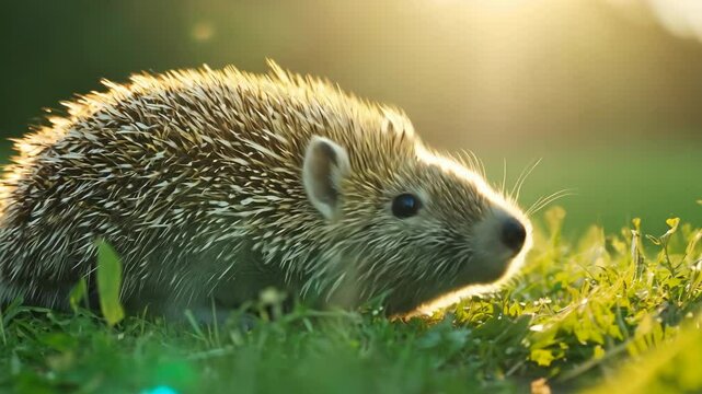 Sun-Kissed Hedgehog in the Meadow: A charming hedgehog basks in the golden light of the setting sun, nestled amidst vibrant green grass.