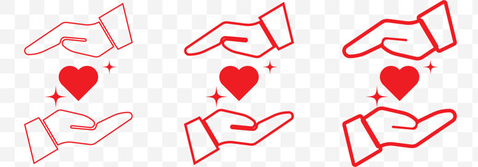 Charity logo, Red hands supporting heart icon flat design vector silhouette illustration Set of 3 on Transparent Background. EPS 10.