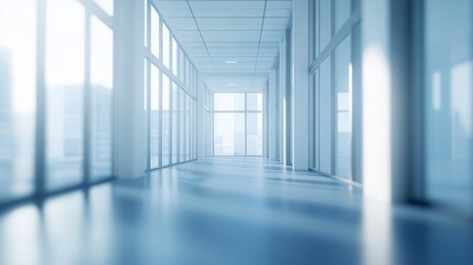 Obraz premium Modern office hallway with large windows and bright sunlight streaming in.