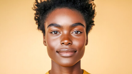 Young black woman with afro hair smiling on yellow background