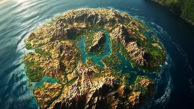 Aerial view of a lush, mountainous island surrounded by vibrant blue waters and distant landforms