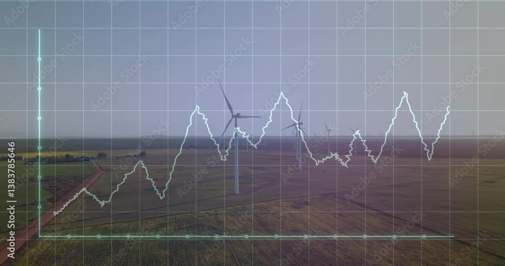 Poster graph line animation over wind turbines in open field landscape
