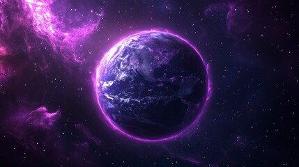 Obraz premium Earth glowing purple in space, cosmic nebula background.